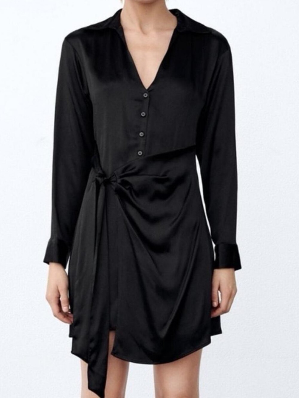ZARA Black Satin Wrap Dress Long Sleeve Size Medium